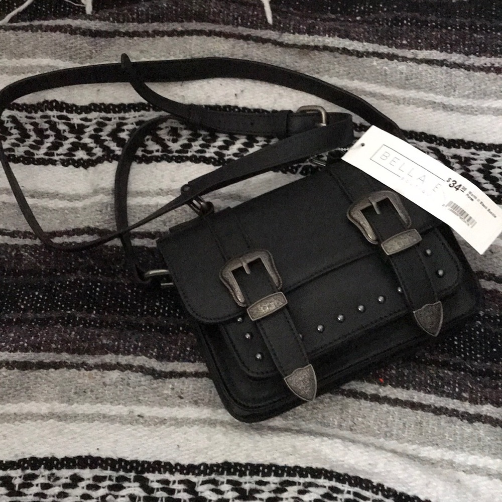 Brand new black cross body bag with buckle detail